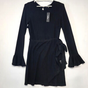 Lulus Dress Womens Medium Black Knit Long Bell Sleeve Wrap Fit & Flare Party New